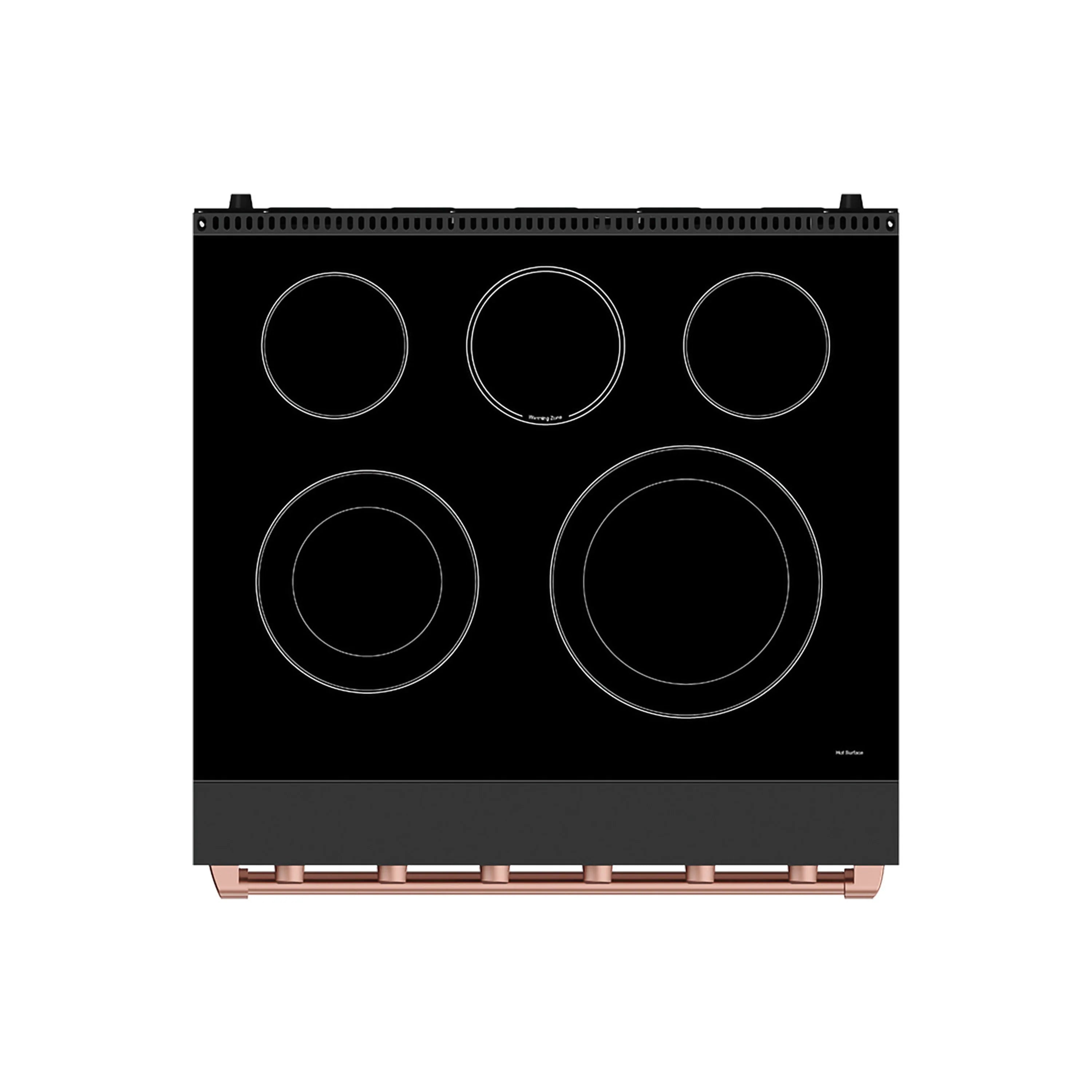 Black cooktop glass with five burner circles and rose gold trim along the base