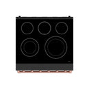 Black cooktop glass with five burner circles and rose gold trim along the base