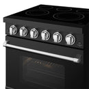 Black electric range cooktop with five burner rings and precision knob control