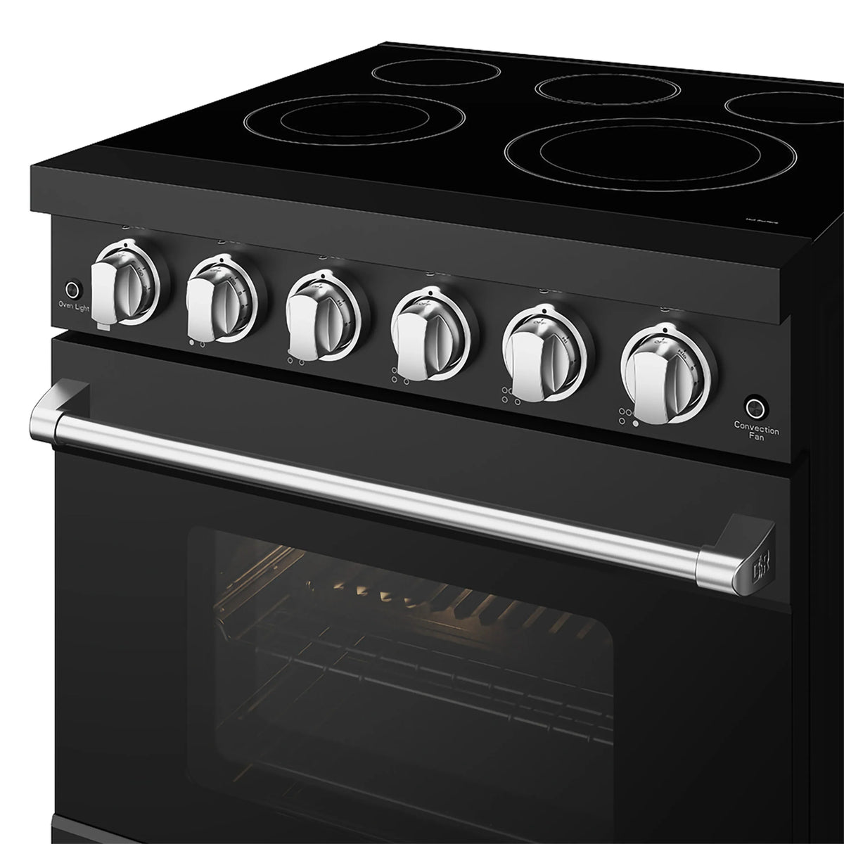 Black electric range control knobs and cooktop with oven window
