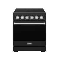 Black electric range with stainless handle, glass oven door, and six control knobs