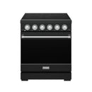 Black electric range with stainless handle, glass oven door, and six control knobs