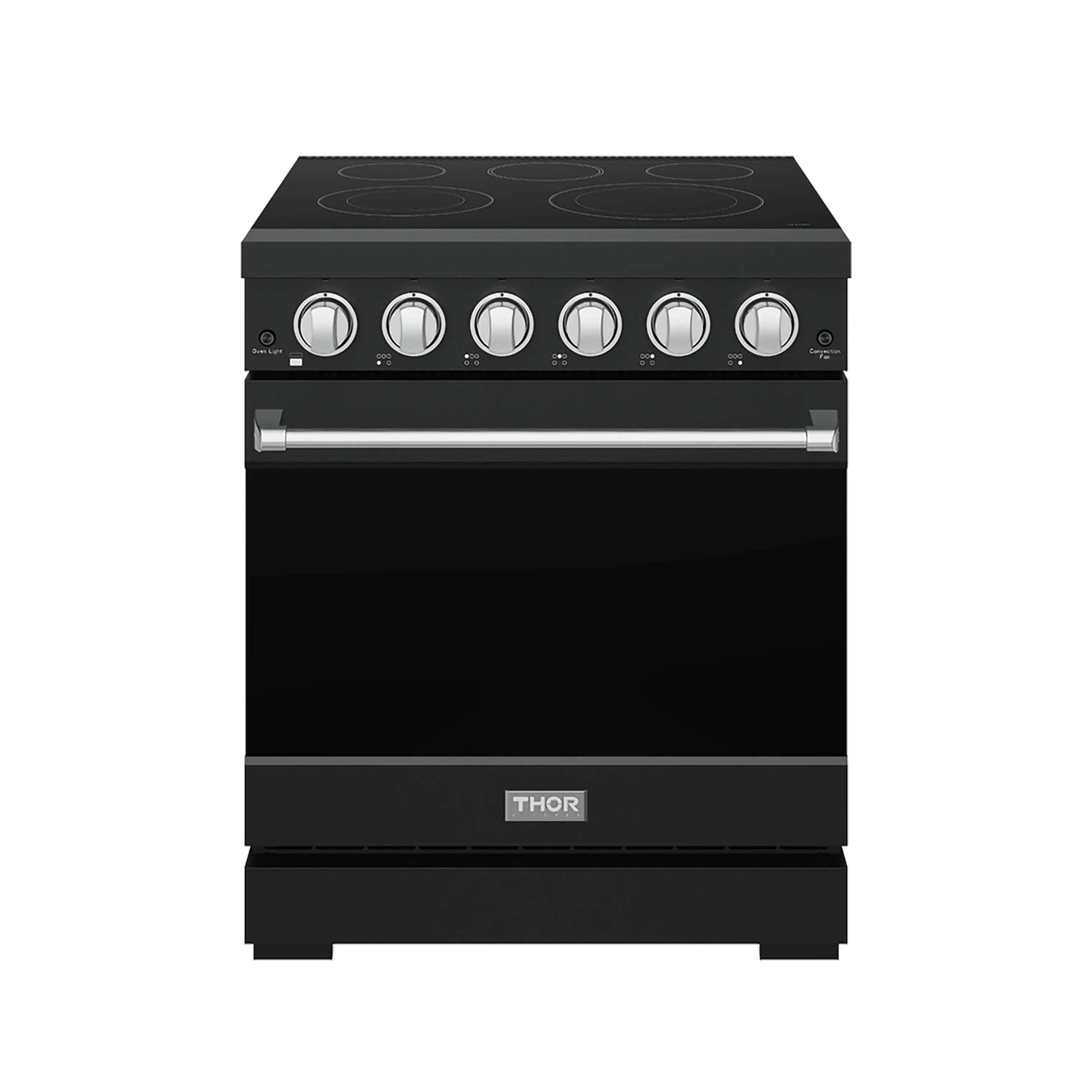 Black electric range with glass cooktop and stainless control panel trim