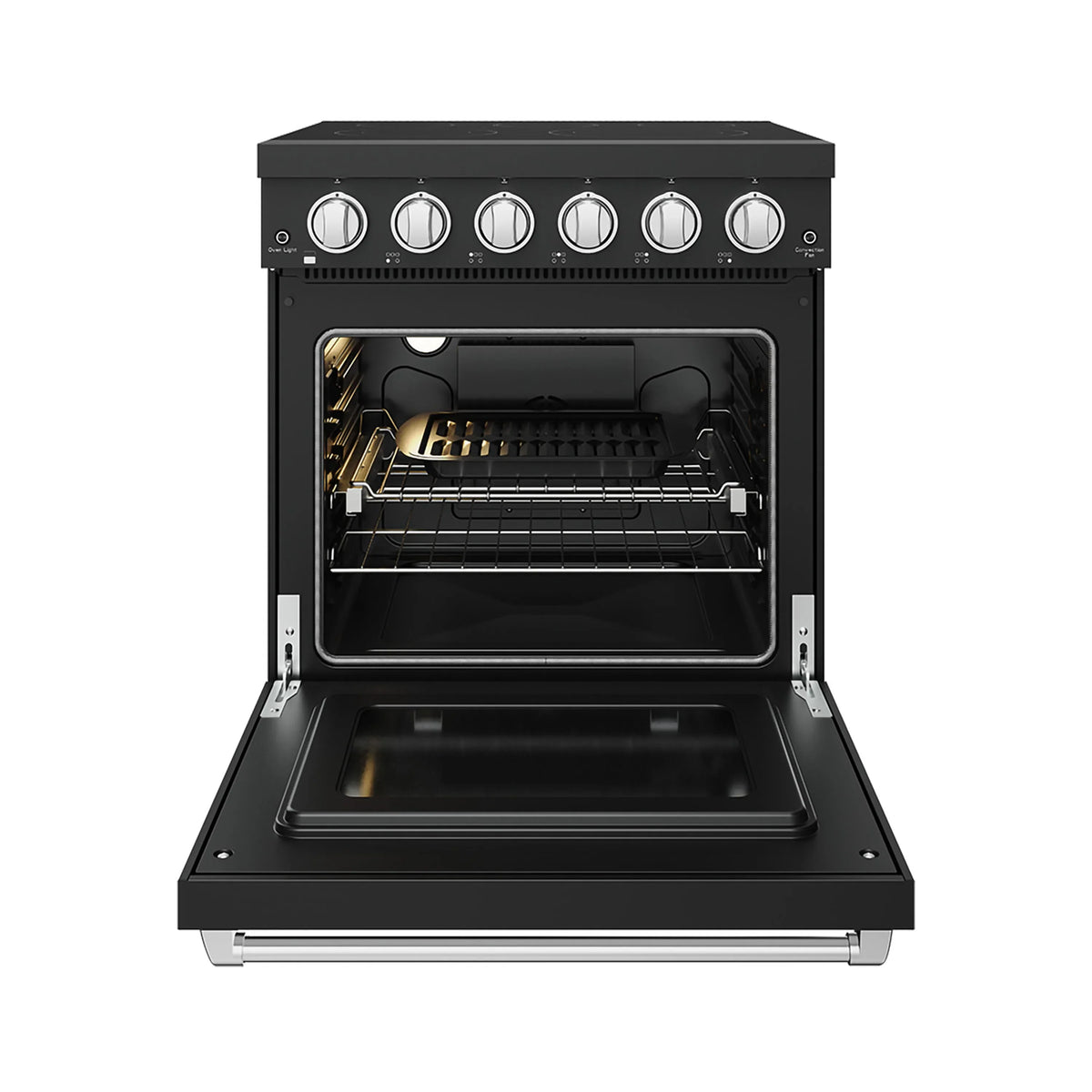 Black electric range with open oven door showing racks and interior light