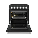 Black electric oven with open door, upper heating elements, and wire rack
