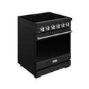 Black electric range with stainless door handle, cooktop burner coils, and knobs