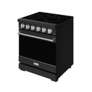 Black electric range with stainless side trim, control knobs, and cooktop burner rings