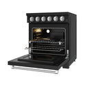 Black electric range with open oven door, illuminated interior, and wire baking rack