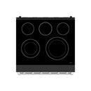 Black electric cooktop with five burner coils and stainless control trim