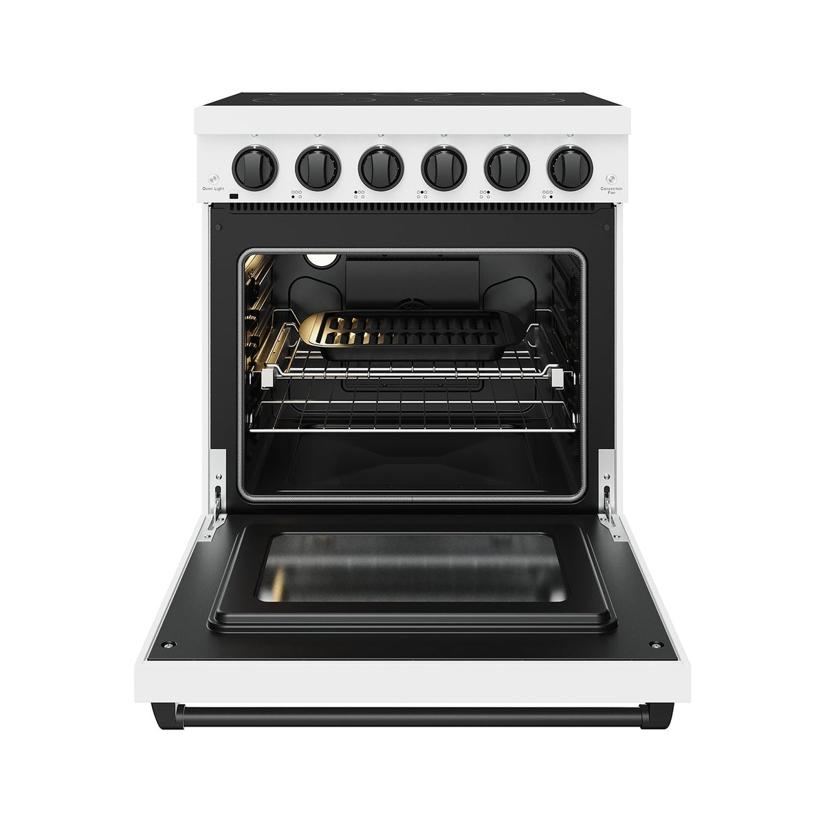 White 30-inch electric range with black hardware, oven door open