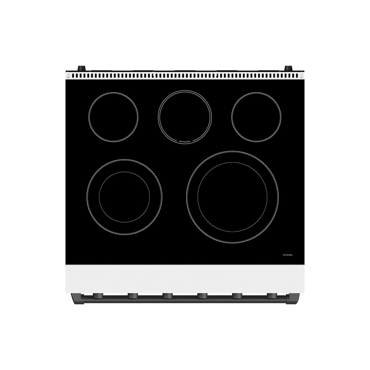 White 30-inch electric range, top view of ceramic glass cooktop