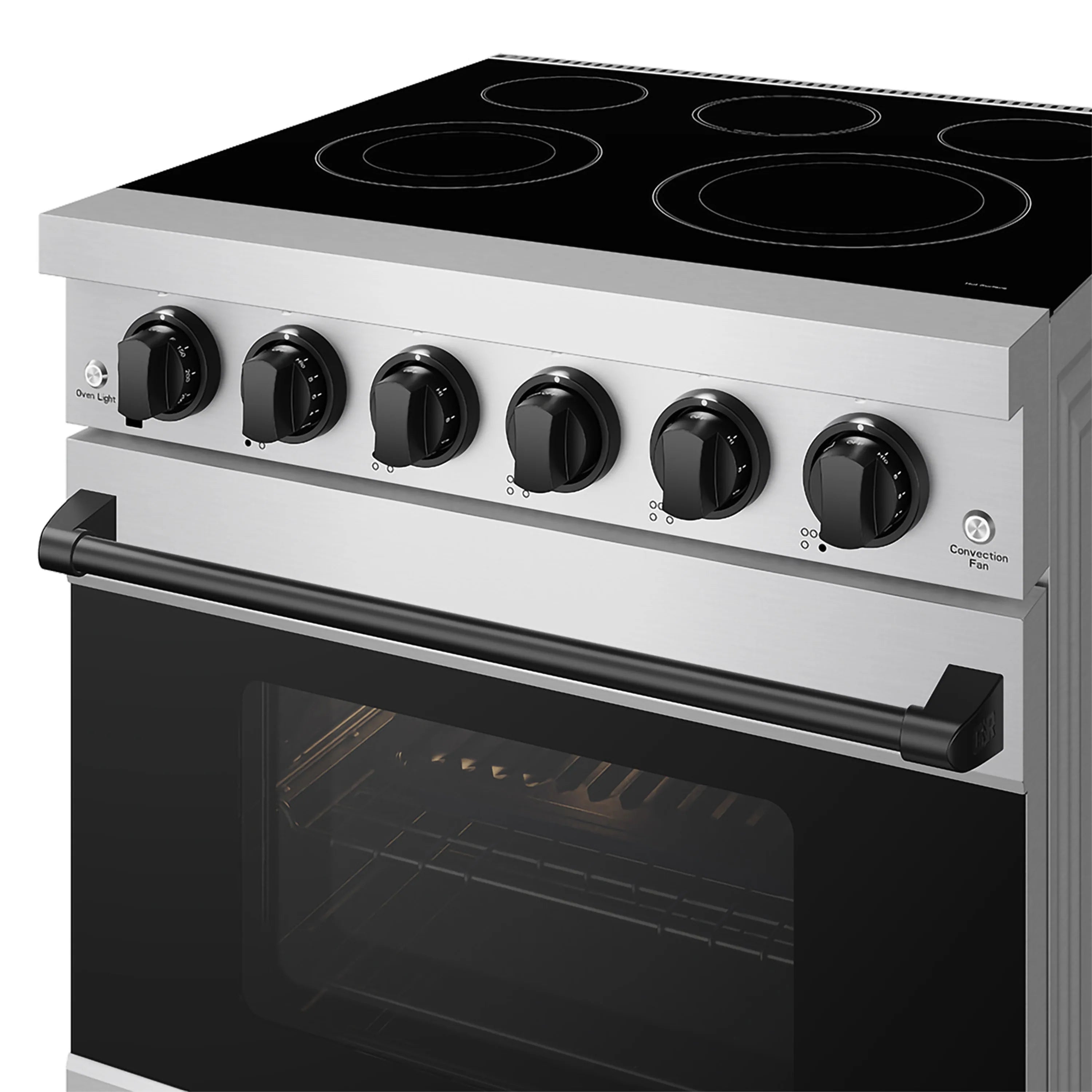 Stainless steel electric range with black cooktop, control knobs, and oven door window