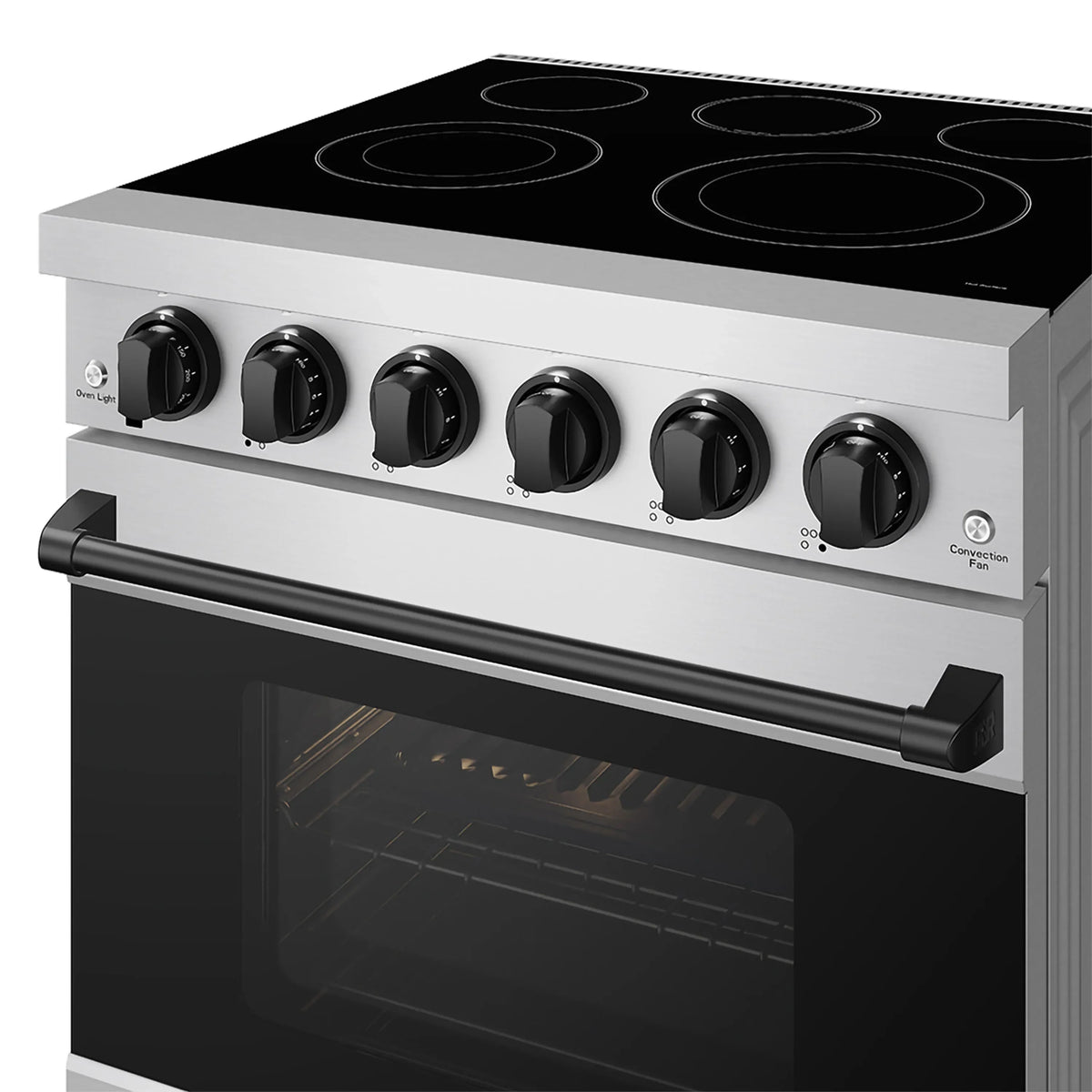 Stainless steel electric range with black cooktop, control knobs, and oven door window