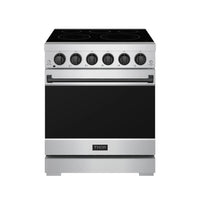 Stainless steel freestanding electric range with black glass cooktop and 6 control knobs