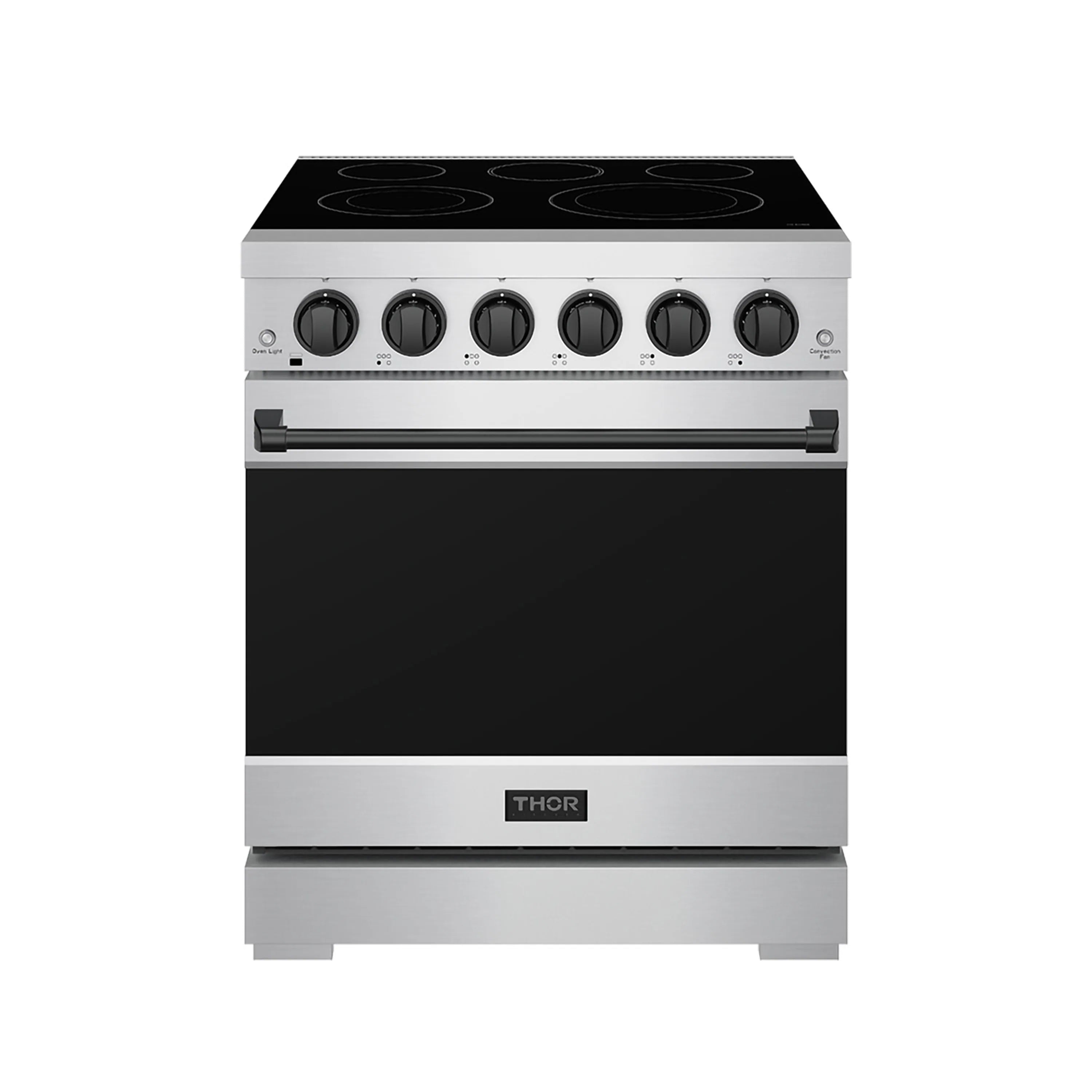 Stainless steel freestanding electric range with black glass cooktop and 6 control knobs