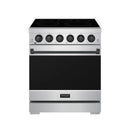 Stainless steel freestanding electric range with black glass cooktop and 6 control knobs