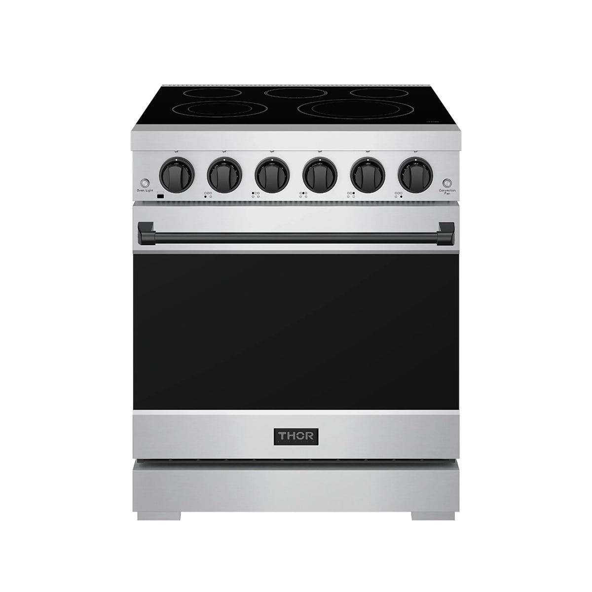 Stainless steel freestanding electric range with black glass cooktop and 6 control knobs
