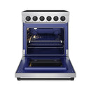 Stainless steel electric range with open oven door showing blue interior and racks