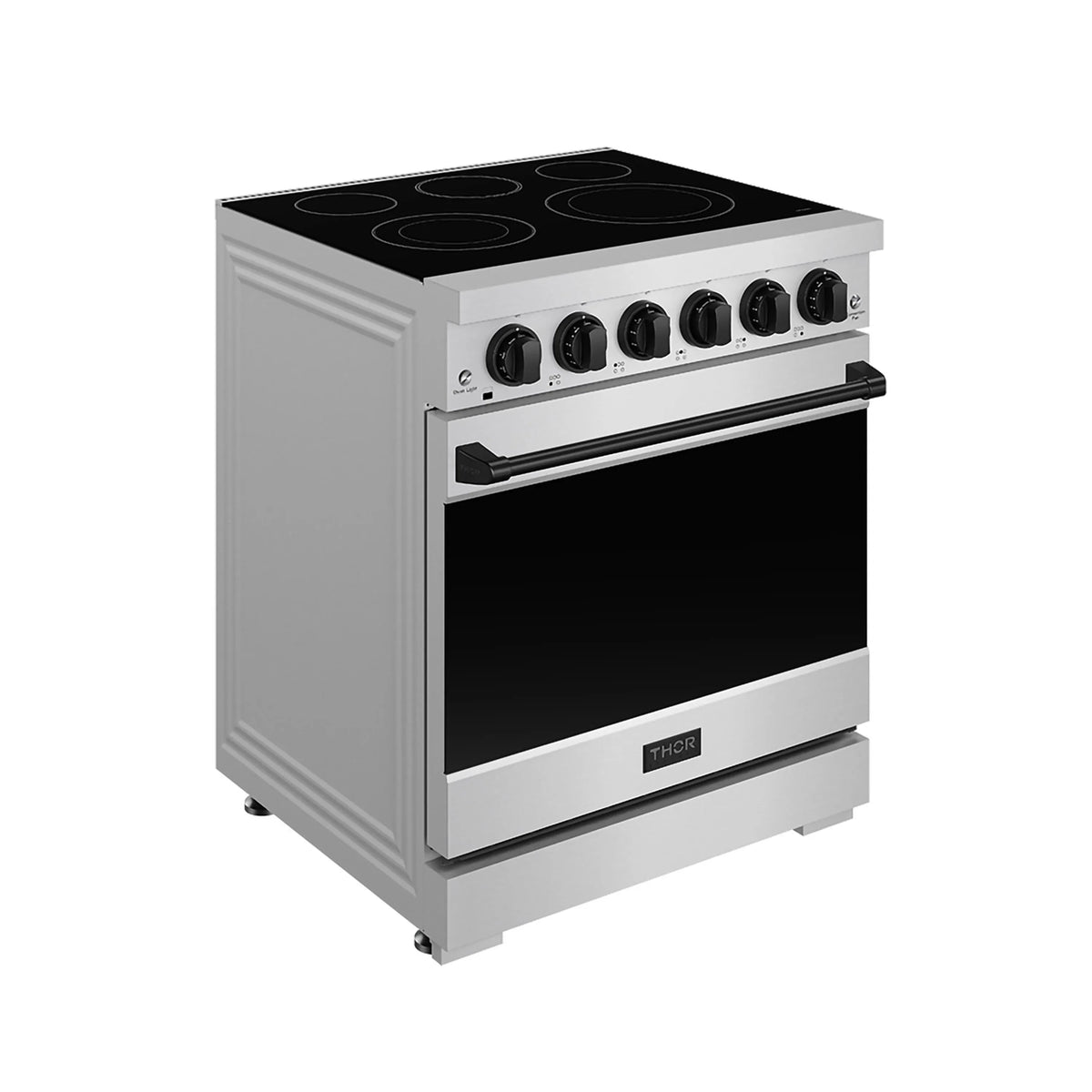 Electric range with black glass cooktop, oven door, and front control knobs