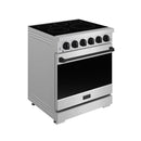 Stainless steel electric range with black cooktop and dark oven door with handle