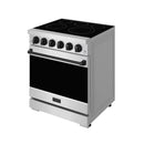 Stainless steel electric range from a front angle with black oven door and knobs