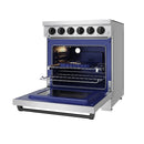 Stainless steel electric range oven open with blue interior and wire bake rack
