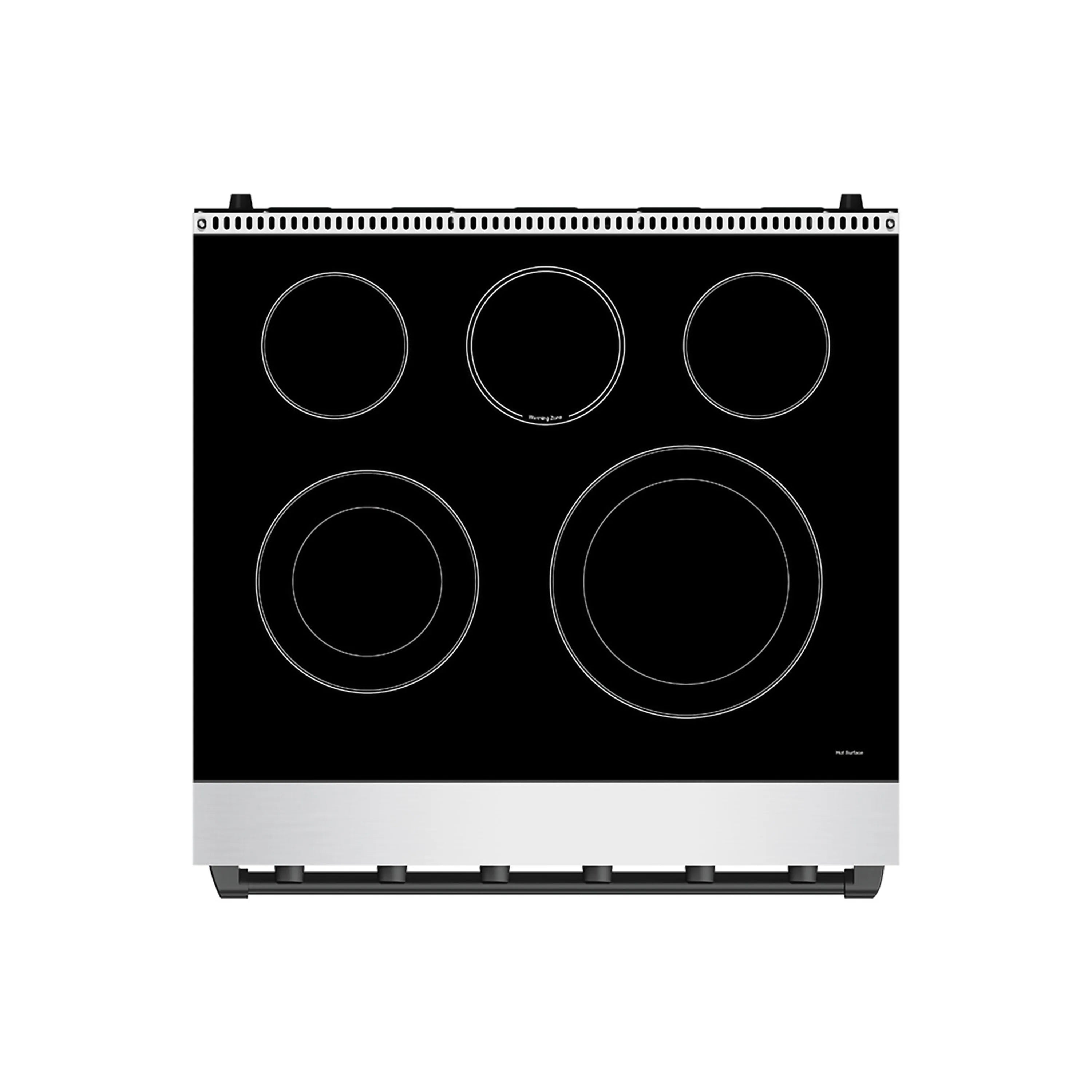 Black electric cooktop with five circular burner elements and stainless control trim