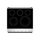 Black electric cooktop with five circular burner elements and stainless control trim