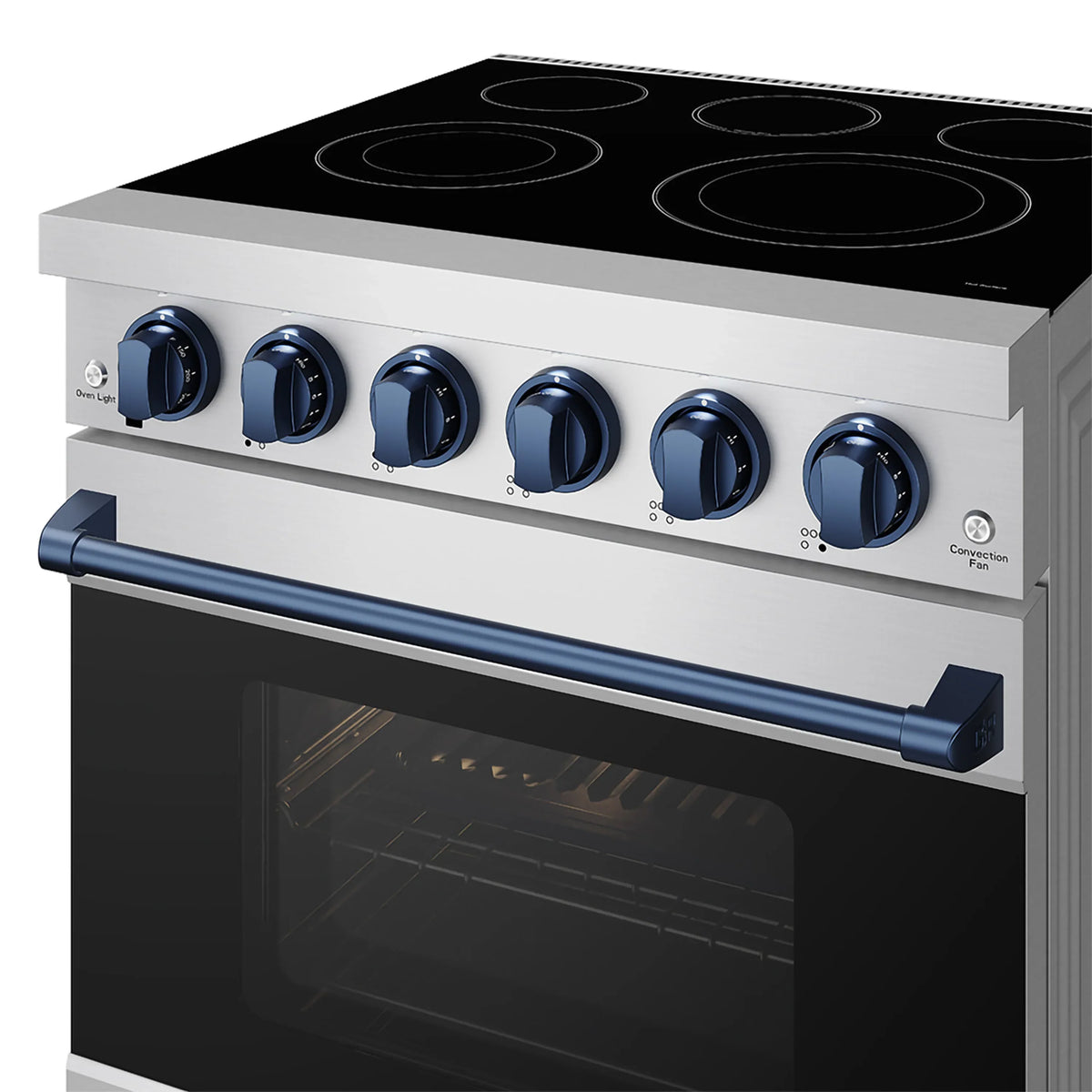 Stainless electric range front panel with blue knobs and black glass cooktop