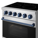 Stainless electric range with black glass cooktop and blue control knobs
