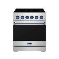 Stainless electric range, front view, black cooktop with six blue knobs