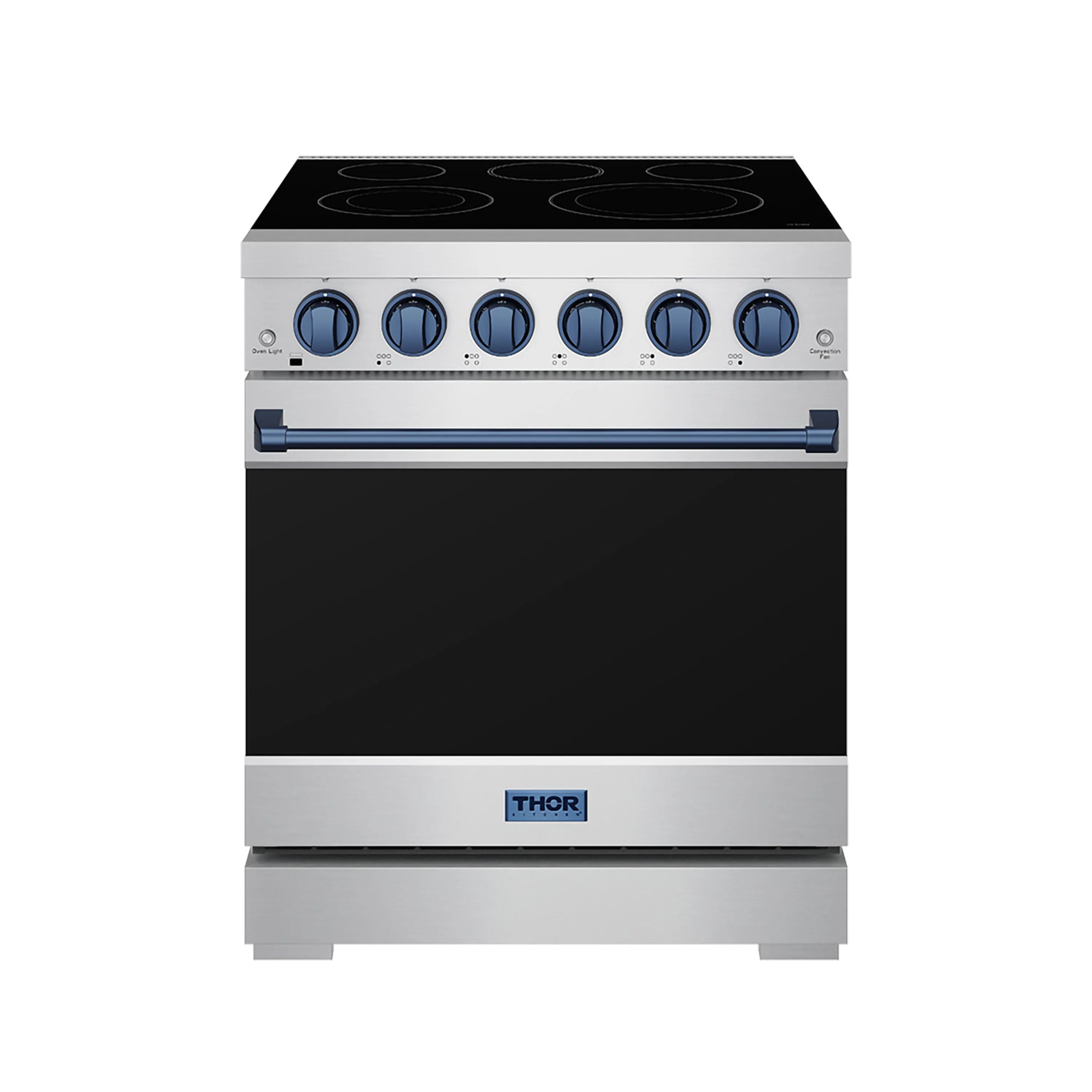 Stainless electric range, front view, black cooktop with six blue knobs