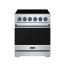Stainless electric range, front view, black cooktop with six blue knobs