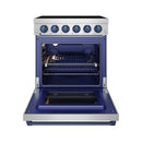 Electric oven door open to reveal blue interior racks and heating elements