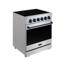 Stainless electric range with black cooktop, blue knobs, and blue handle rail