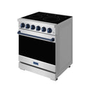 Stainless electric range with black cooktop and blue control knobs, side angle