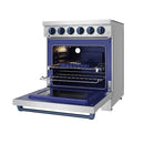 Electric oven open showing blue enamel interior with racks and broil element