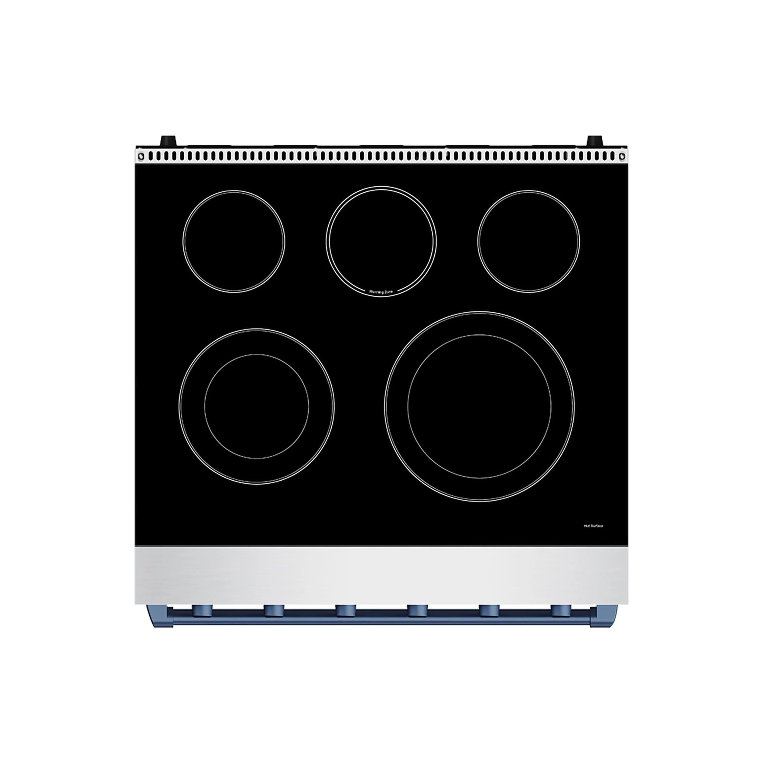 Black ceramic cooktop with five circular burner zones and stainless control strip