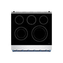Black ceramic cooktop with five circular burner zones and stainless control strip