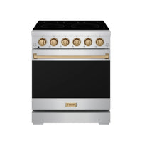 Stainless steel electric range with black cooktop, bronze knobs, and closed oven door