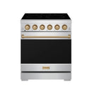 Stainless steel electric range with black cooktop, bronze knobs, and closed oven door