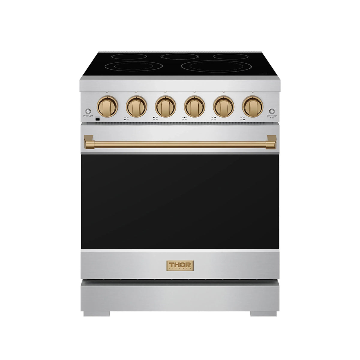 Stainless steel electric range with black cooktop, bronze knobs, and closed oven door