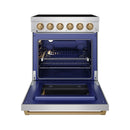 Stainless steel electric range with oven door open, blue interior and wire oven rack