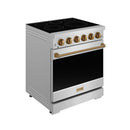 Stainless steel electric range with bronze control knobs, brass handle, and black oven door