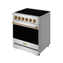 Stainless steel electric range front corner view with black cooktop, bronze knobs, and door