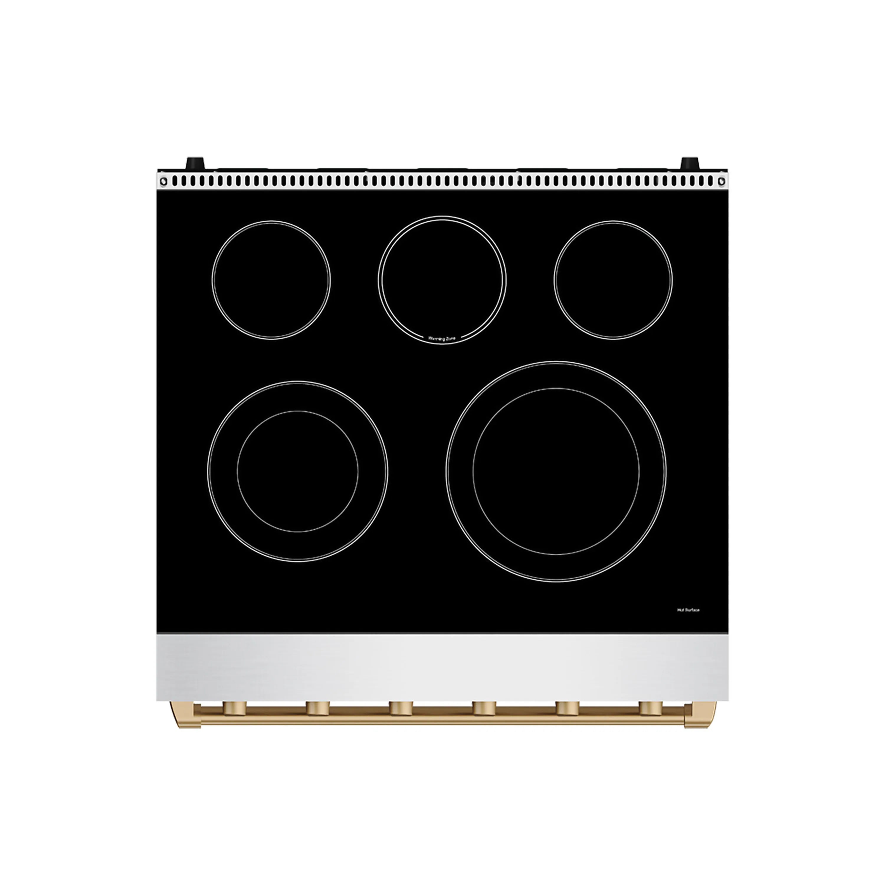 Black electric cooktop with five round heating elements on stainless steel range