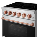 Stainless steel electric range with five rose-gold control knobs and black glass cooktop