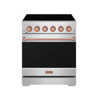 Stainless steel electric range with rose-gold knobs, black cooktop, and closed oven door
