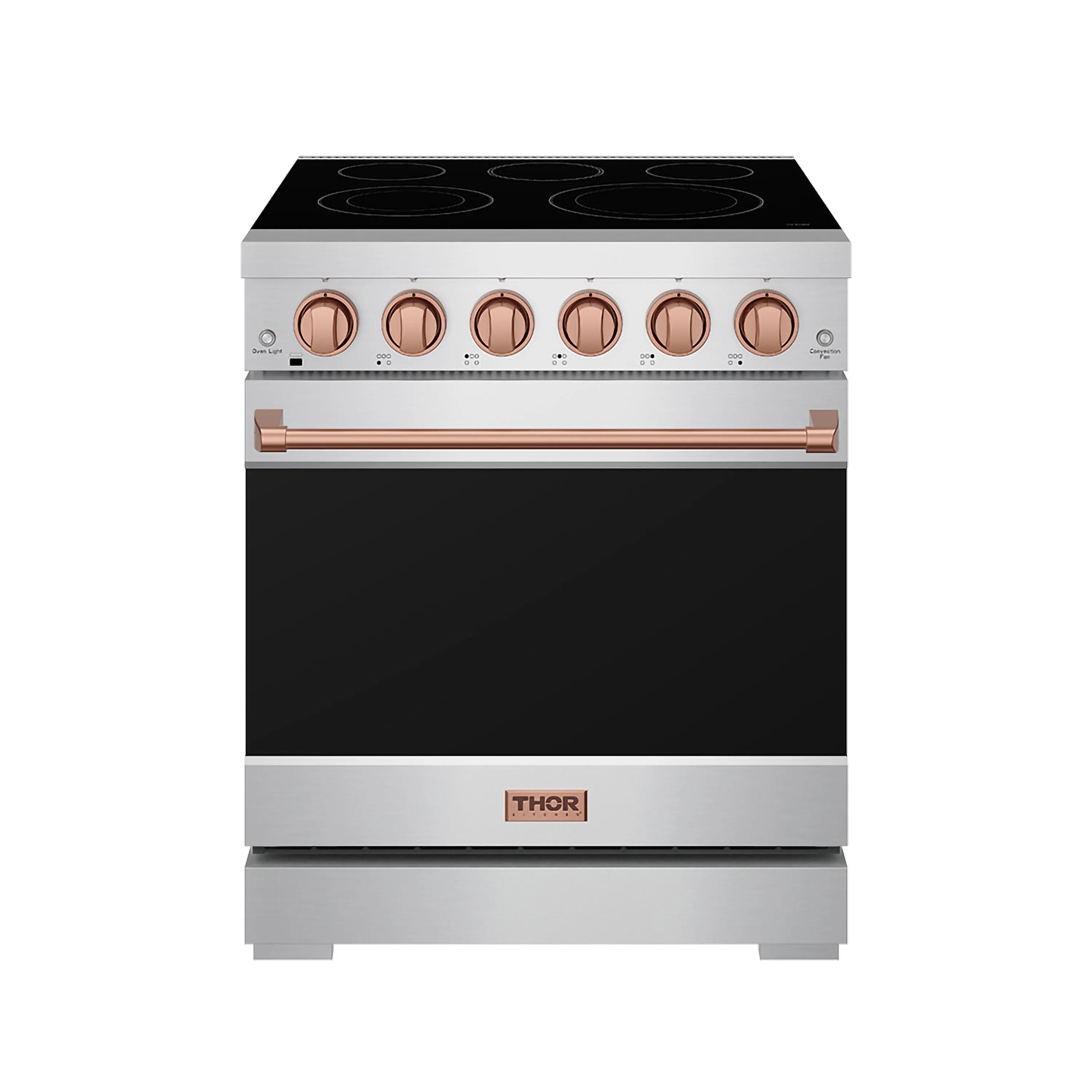 Stainless steel electric range with rose-gold knobs, black cooktop, and closed oven door