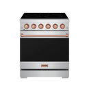 Stainless steel electric range with rose-gold knobs, black cooktop, and closed oven door